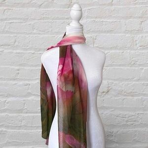 Vintage Long Pink Green Floral Patterned Rectangular Scarf